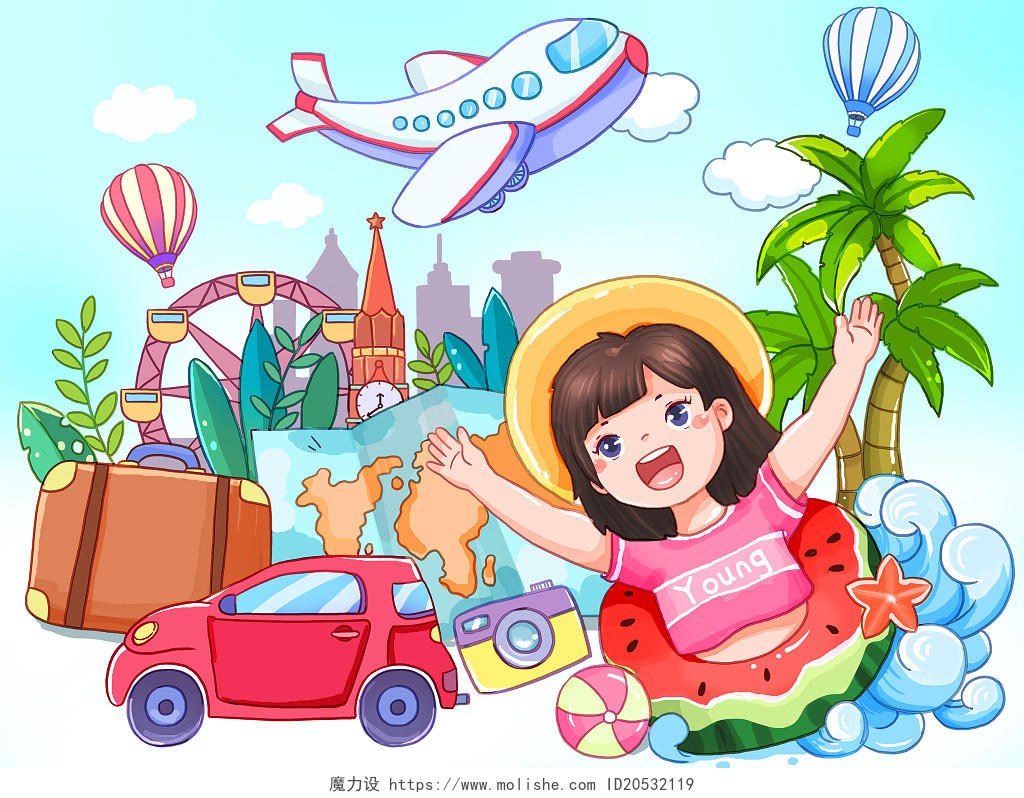 夏天暑假假期旅游夏令营出门游玩毕业旅行度假插画
